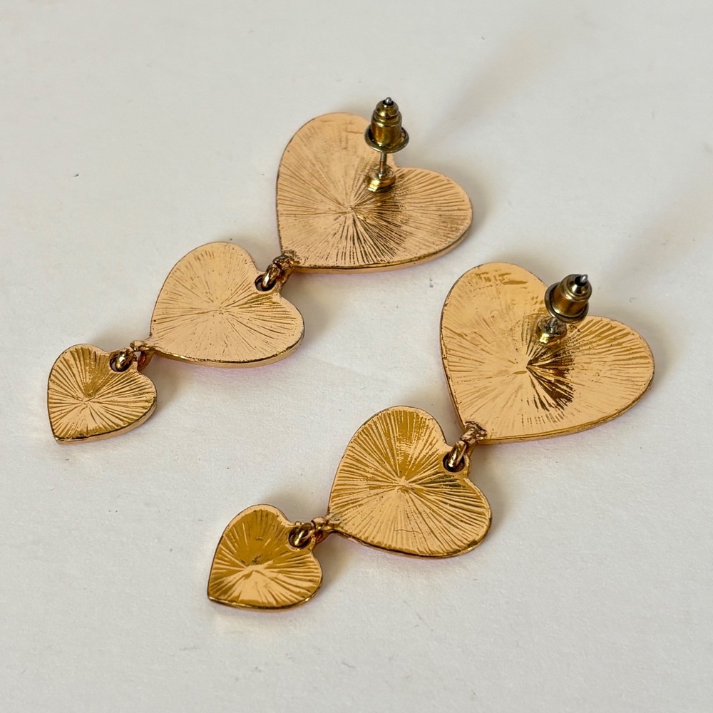BaubleBar Pink Triple Heart Drop Earrings Gold Tone Post Dangle Barbiecore 2" - Picture 6 of 6